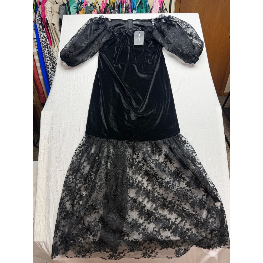XPLUSWEAR Black Velvet Lace Mermaid Maxi Dress Off Shoulder Puff Sleeve L NWT